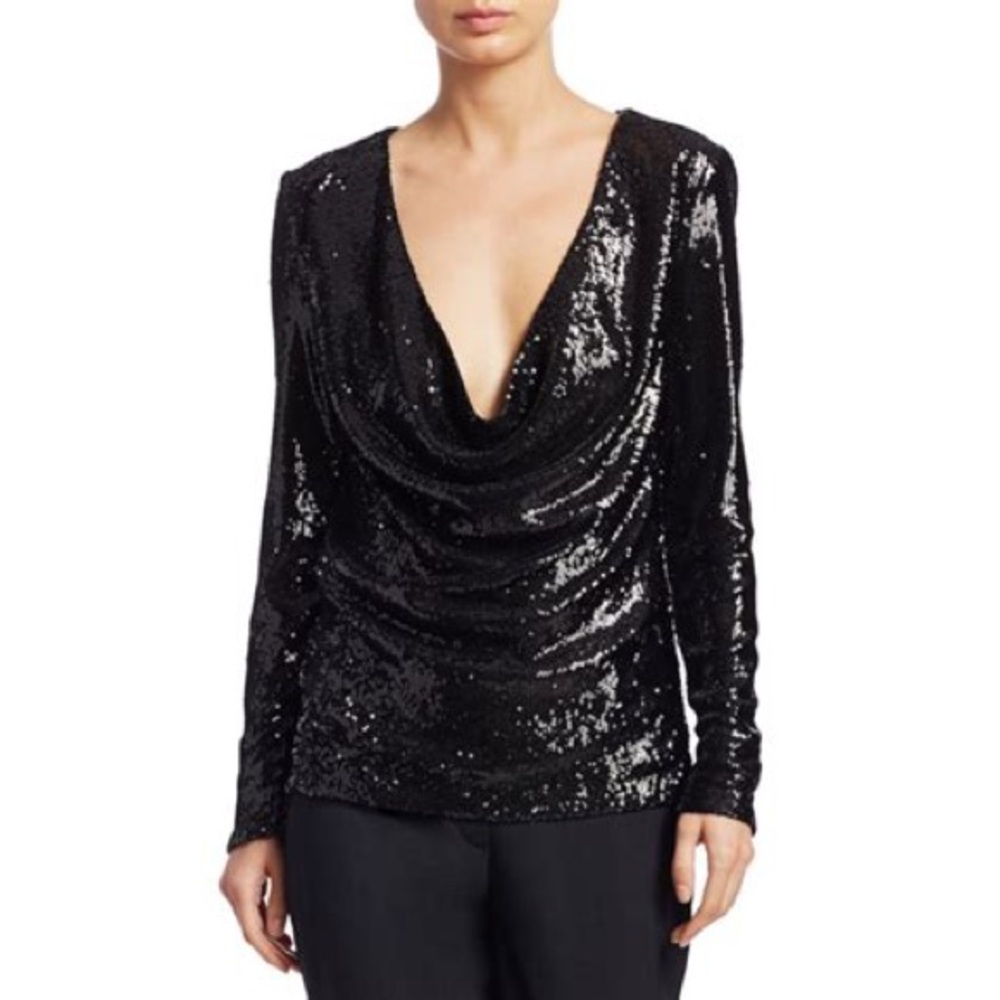Navy Blue Ramy Brook Cowl Neck Long Sleeve Sequin Top